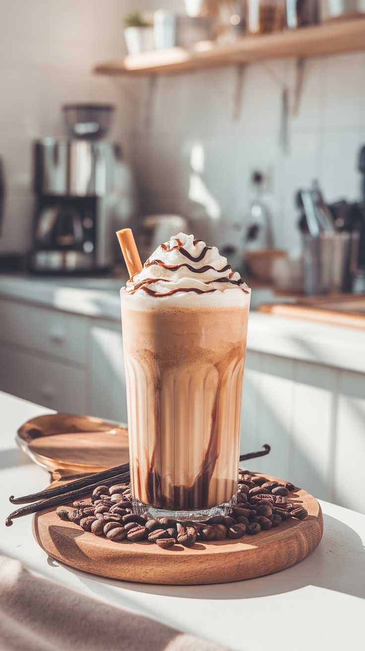 A creamy vanilla bean frappuccino in a glass topped with whipped cream and chocolate drizzle, surrounded by coffee beans and vanilla beans.